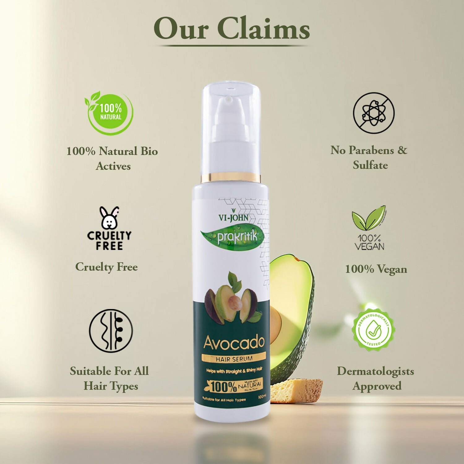 VI-JOHN Prakritik Avocado Hair serum Prevents dryness & Adds shine, 100% Natural Bio-Actives | Swadesiicart