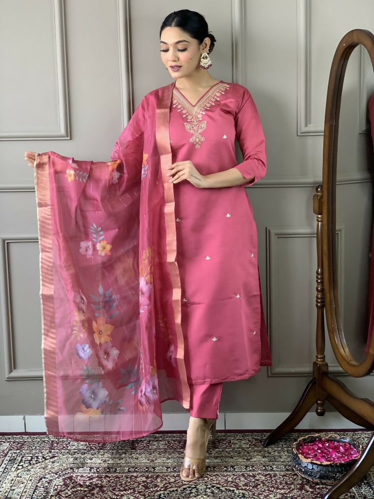 Light Pink Viscose chanderi Stitched Suit With Dupatta - Tanisha | Swadesiicart
