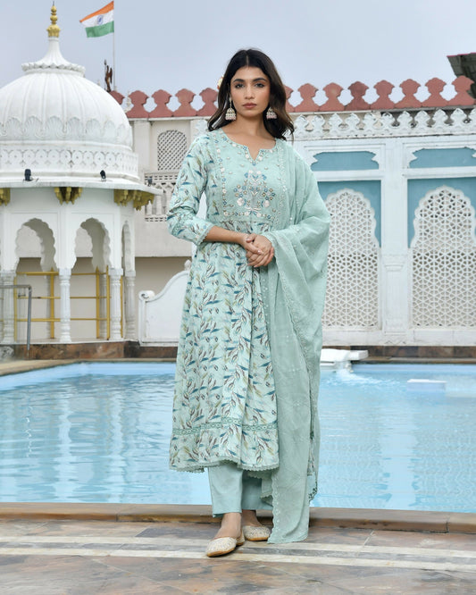 Vaasva Women's Sky Blue Cotton Anarkali Set With Solid Pant And Embroidered Dupatta | Swadesiicart