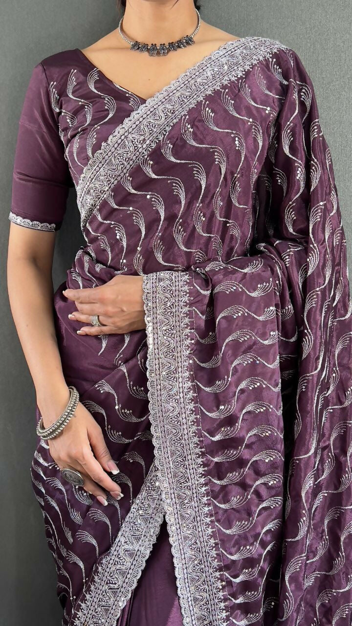 Vastranavya Purple Chinnon Silk Embroidery Multi Sequence & Arco Cut Work Ready to Wear Saree | Swadesiicart