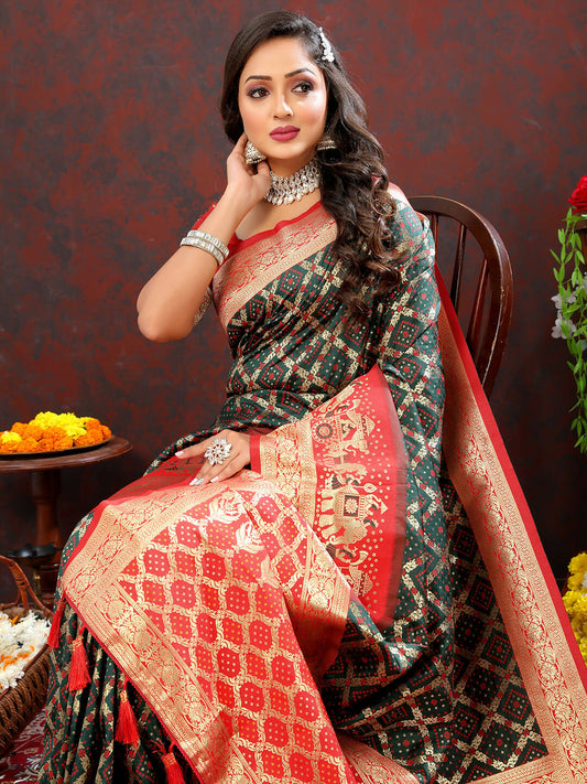 Lorenvalley Fashion Green & Red Patola Silk Woven Design Meenakari Weaving Saree - Swadesiicart