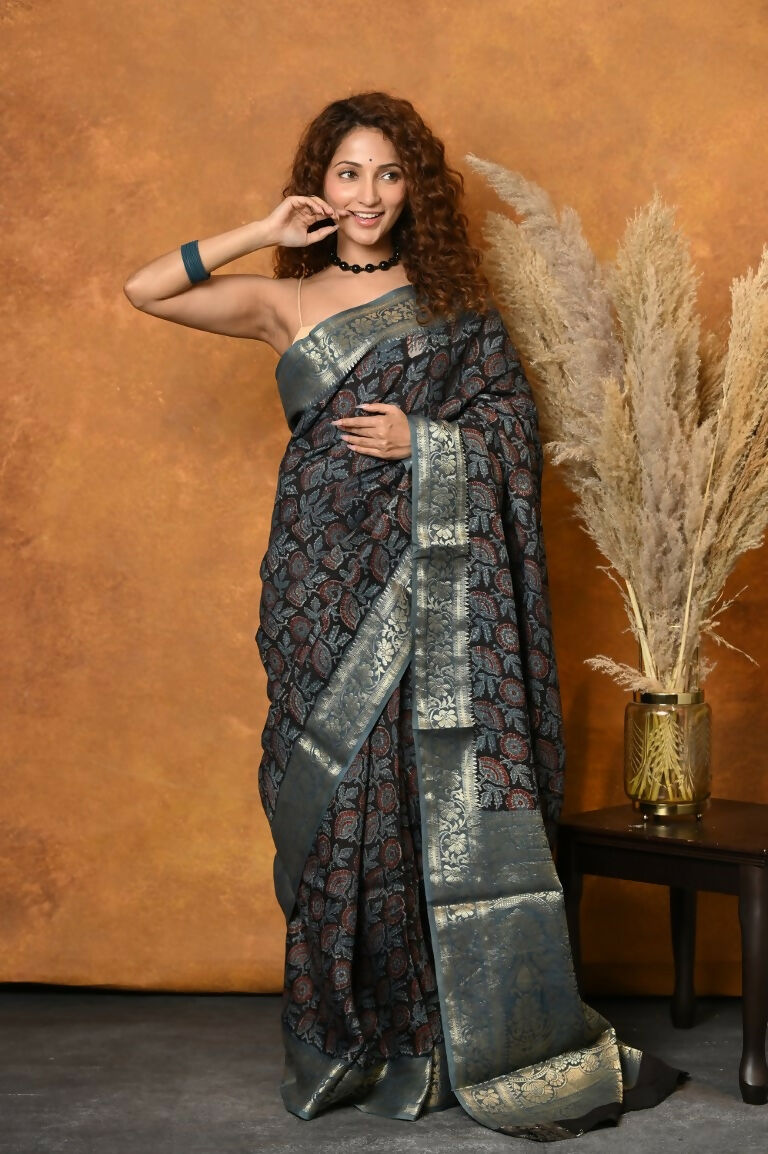 Very Much Indian Modal Silk Ajrakh Handblock Printed Natural Dyes With Designer Border Saree - Blue | Swadesiicart