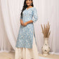 FIORRA Women's Floral Printed Sky Blue Cotton Straight Kurta - Swadesiicart