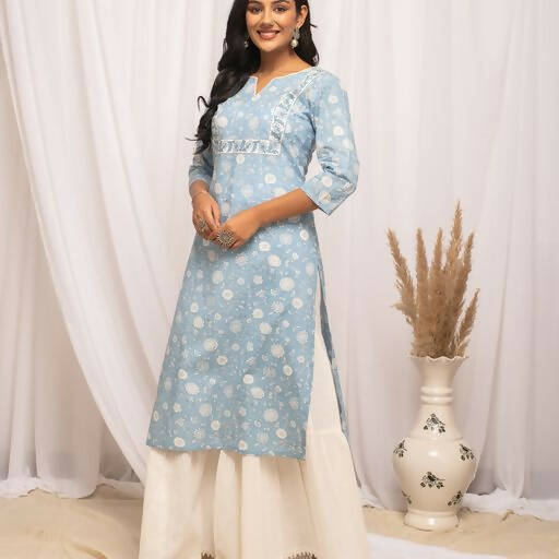 FIORRA Women's Floral Printed Sky Blue Cotton Straight Kurta - Swadesiicart