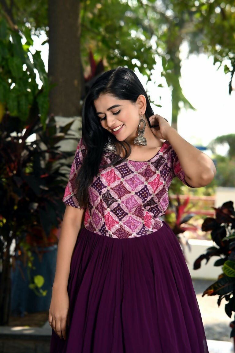 Jyoti Fashion Women's Wine Printed with Sequins Faux Blooming Anarkali Dress | Swadesiicart