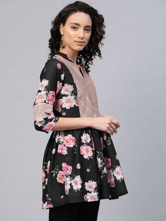 Ahalyaa Women Black Rayon Floral Print Tunic | Swadesiicart