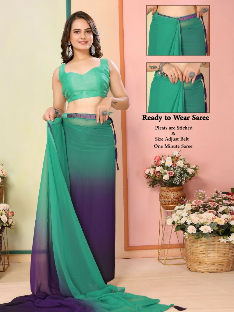 Sea Green Georgette Pedding Color Printed Ready To Wear Saree - Aalaya | Swadesiicart