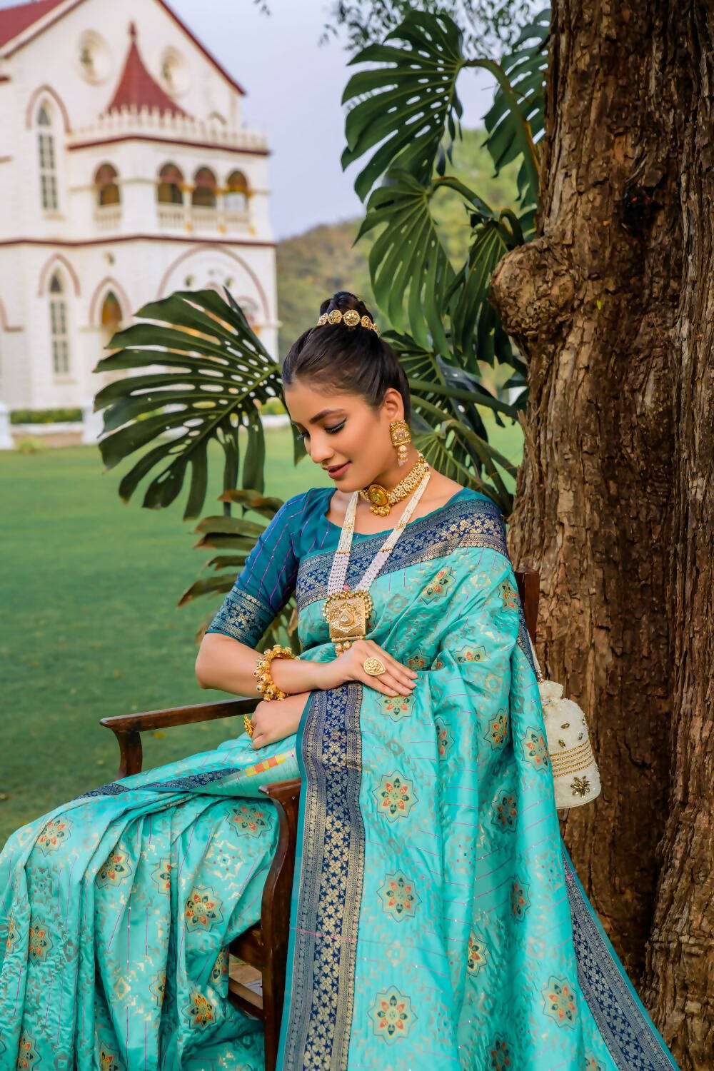 Vishnu Weaves Women's Firozi Patola Banarasi Silk Meenakari Zari Woven Saree with Blouse - Swadesiicart