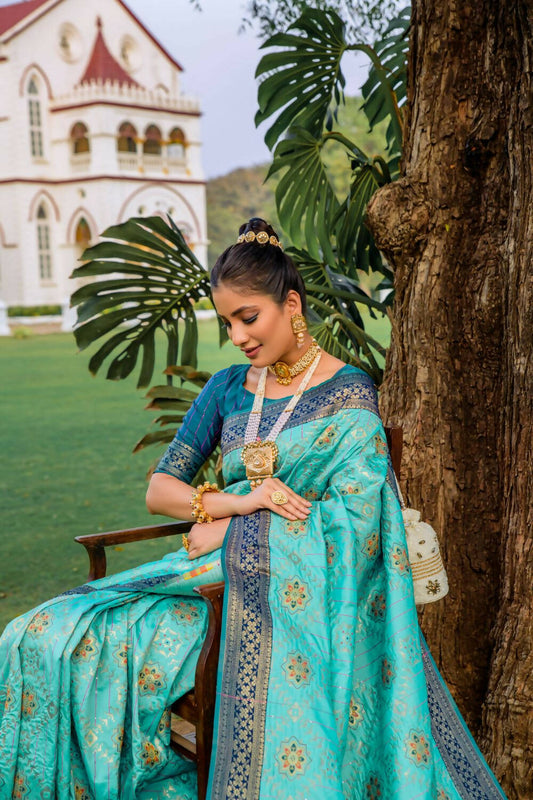 Vishnu Weaves Women's Firozi Patola Banarasi Silk Meenakari Zari Woven Saree with Blouse - Swadesiicart