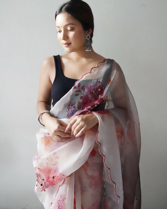 Vamsee Ramya Off White Organza Saree - Swadesiicart