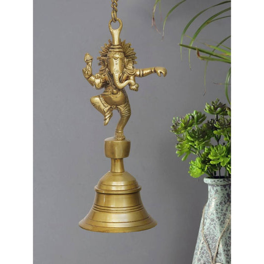 eCraftIndia Golden Brass Dancing Ganesha Idol Wall Hanging Bell With Chain | Swadesiicart