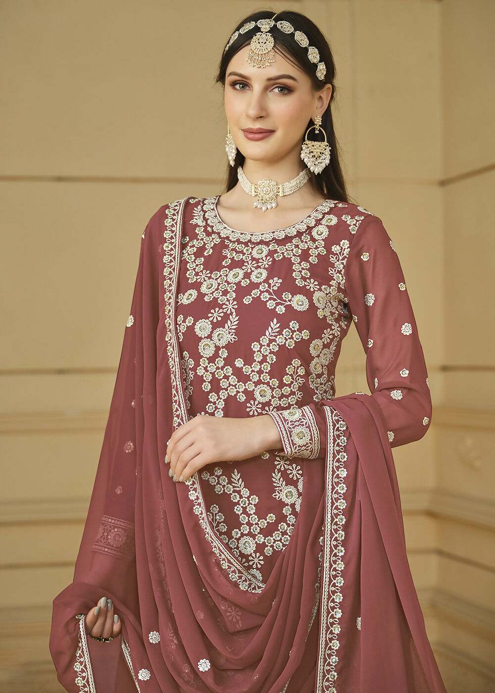 Rust Brown Embroidered Georgette Gharara Style Suit - Emponline | Swadesiicart