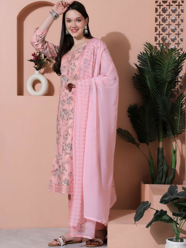 Jyoti Fashion Women's Pink Cotton Floral Digital Printed Kurta with Trouser & Dupatta | Swadesiicart