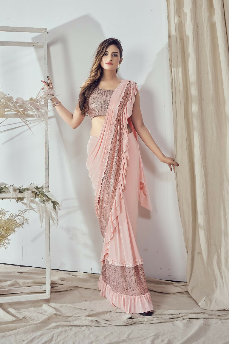 Mahotsav Women's Peach Lycra Embellished Ready To Wear Saree With Stitched Blouse | Swadesiicart