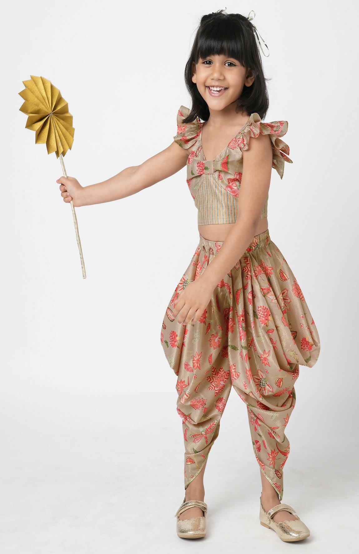 Lil Drama Golden Weaves Beige Crop Top With Dhoti Co-Ordinate Set - Swadesiicart