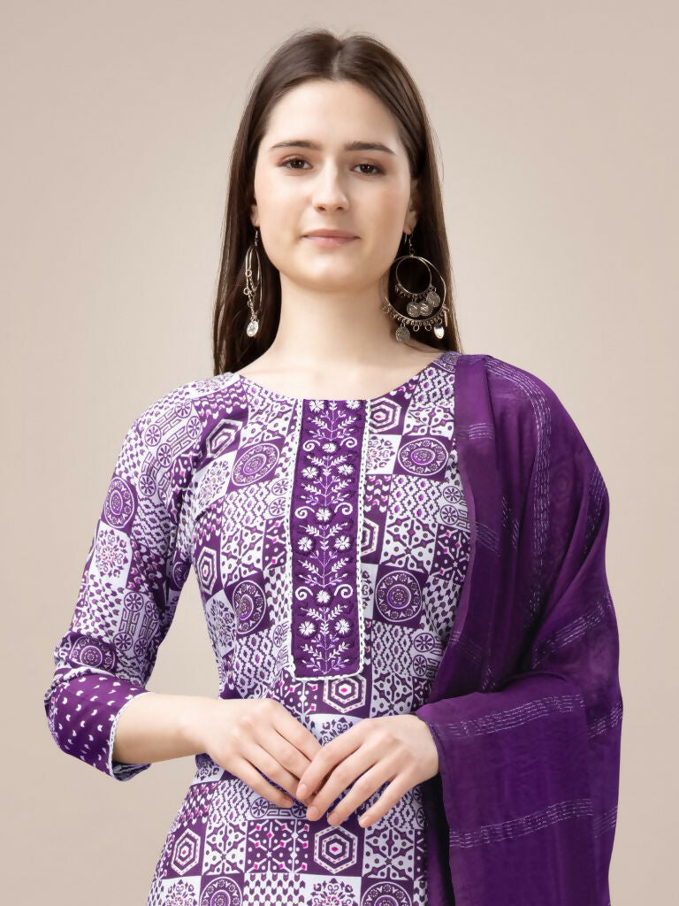 Jyoti Fashion Women's Purple Rayon Print with Embroidery & Fancy Lace Work Kurta with Trouser & Dupatta | Swadesiicart