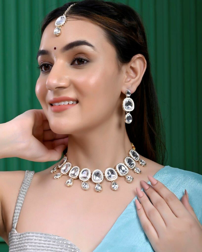 VOJ Kundan Studded Silver Plated White Color Jewellery Set with MaangTikka - Swadesiicart
