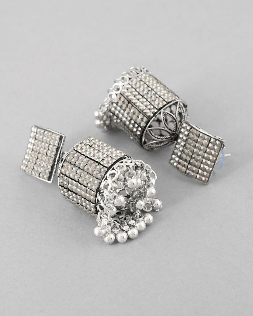 VOJ Black-Toned AD Studded Square Dome Shaped Jhumka Earrings - Swadesiicart