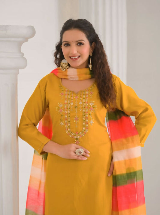 Ethnic Festive Wear Viscose Chanderi Yellow Stitched Suit With Dupatta - Tanisha | Swadesiicart