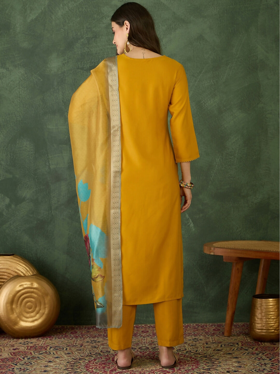 The52 Mustard Women's Beautiful Rayon Fabric Embroidered Work Straight Kurta, Pant and Dupatta Set - Swadesiicart
