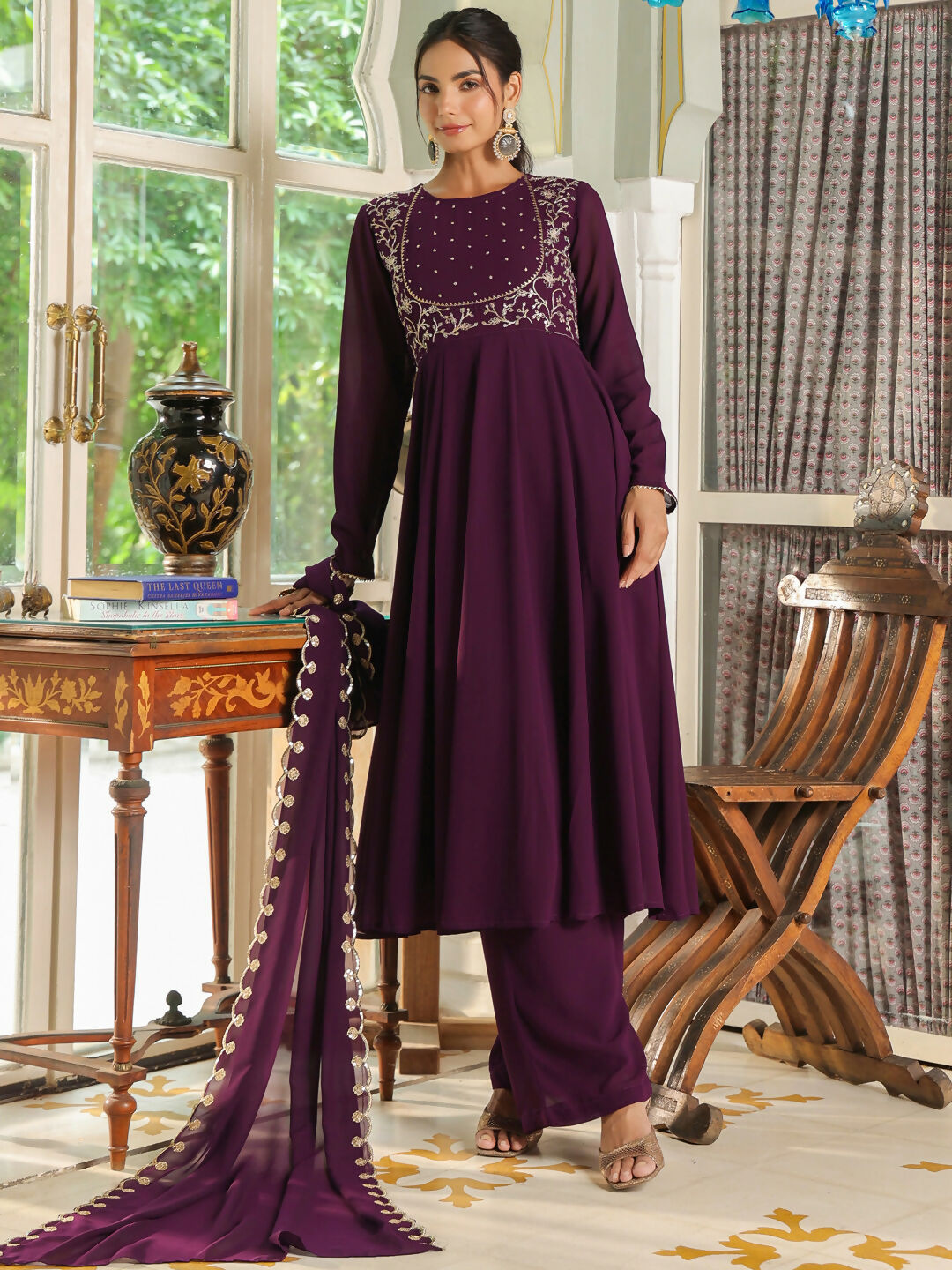Janasya Purple Georgette Embroidered Kurta,Bottom & Dupatta | Swadesiicart