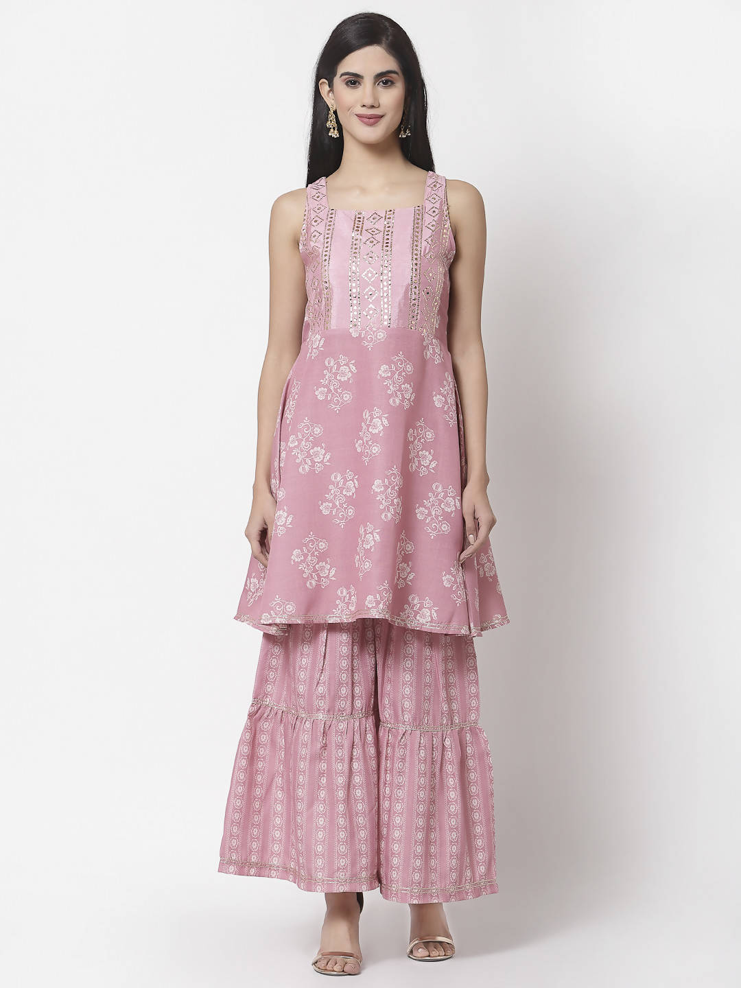 Myshka Women Peach Cotton Blend Printed Sleeveless Shoulder Straps Kurta With Sharara & Dupatta Set | Swadesiicart