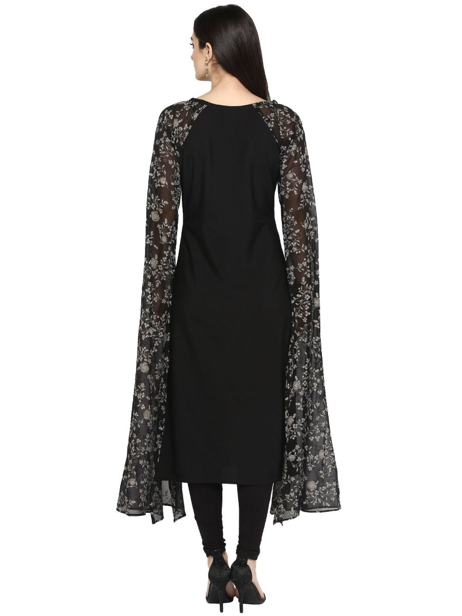 Ahalyaa Women's Black Georgette Rubber Glitter Print Kurta | Swadesiicart