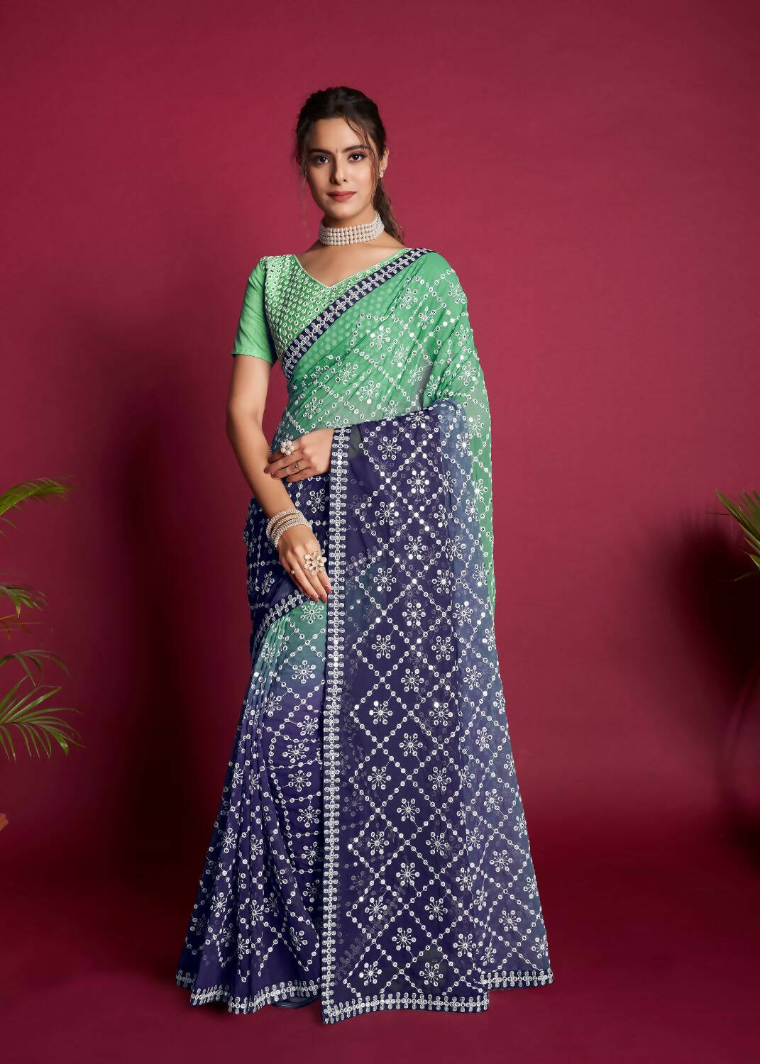Vamsee Green And Blue Georgette Designer Saree - Swadesiicart