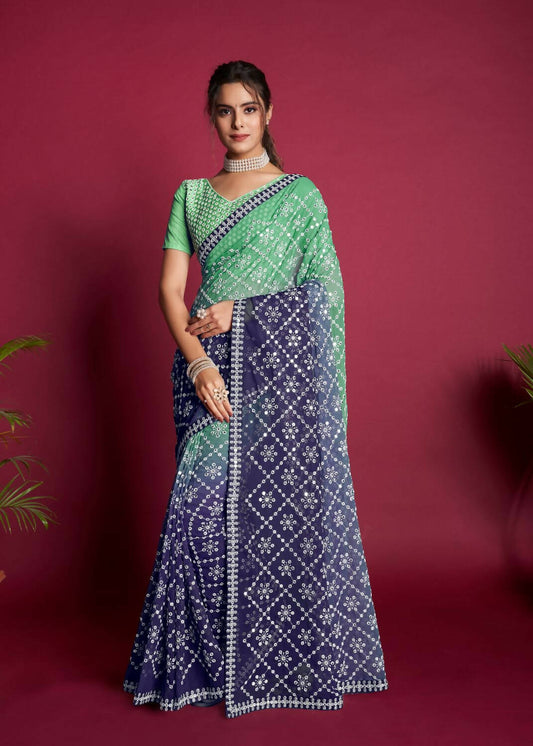 Vamsee Green And Blue Georgette Designer Saree - Swadesiicart