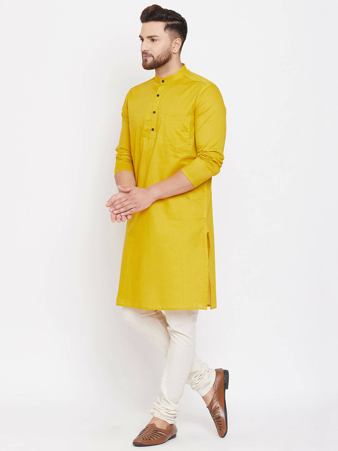 Even Apparels Pure Cotton Yellow Men's Kurta With Band Collar | Swadesiicart