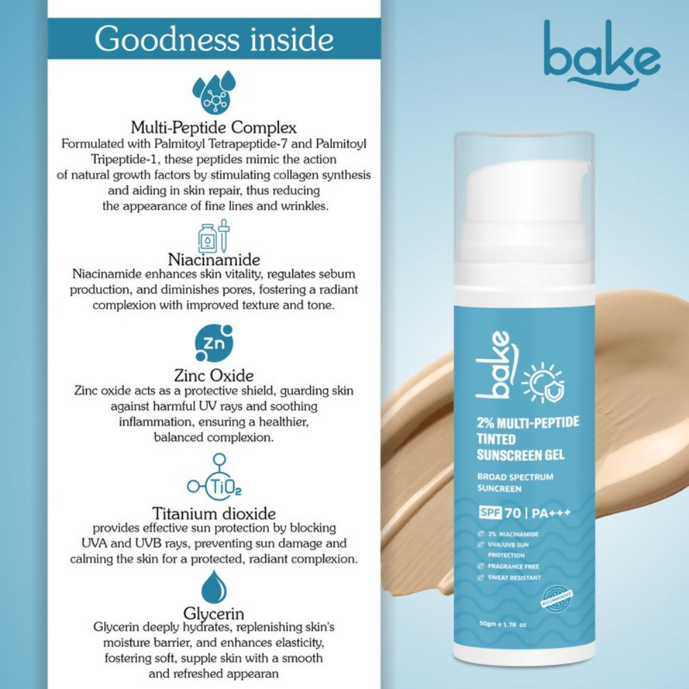 Bake 2% Multi Peptide Tinted Sunscreen Gel SPF 70 PA+++ | Swadesiicart