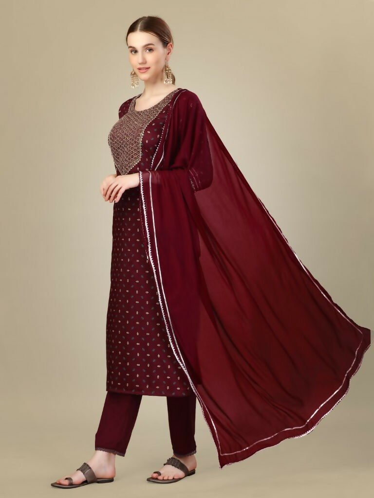 Jyoti Fashion Women's Maroon Silk Blend Embroidery & Sequence work Kurta with Trouser & Dupatta | Swadesiicart