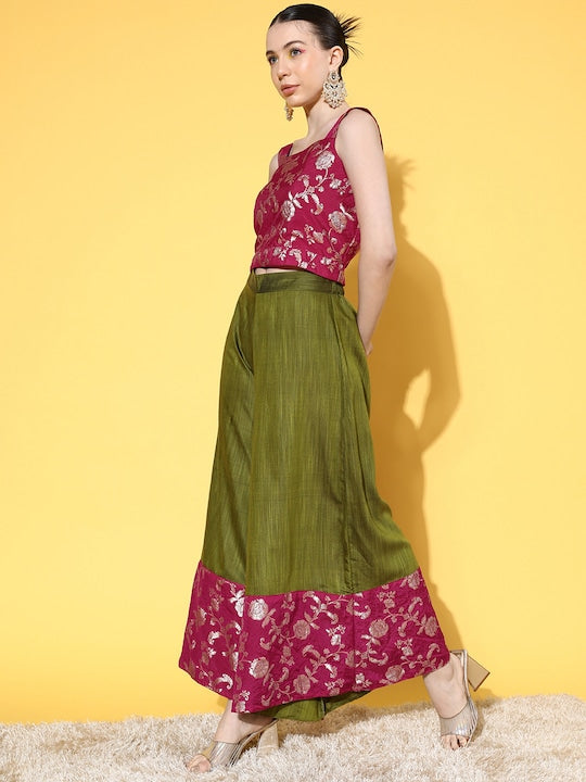 InWeave Women's Pink Brocade Strappy Top W Olive Pink Brocade Palazzo Set - Swadesiicart