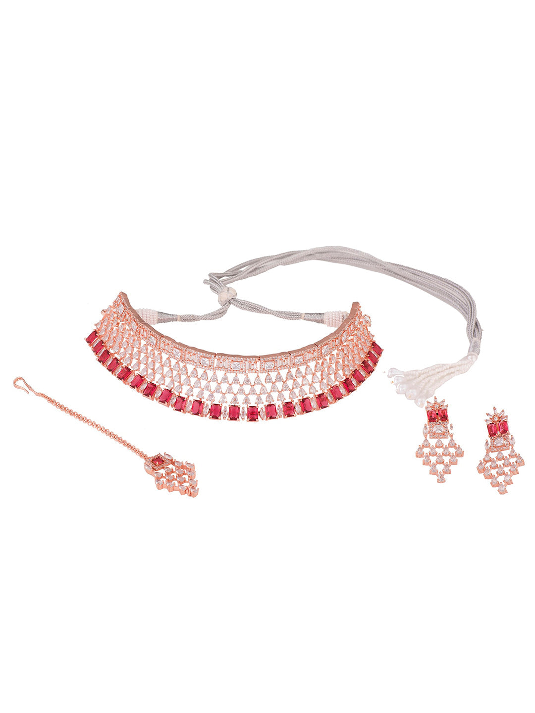 Saraf RS Jewellery Rose Gold-Polished & Red AD & CZ-Studded Contemporary Jewellery Set - Swadesiicart