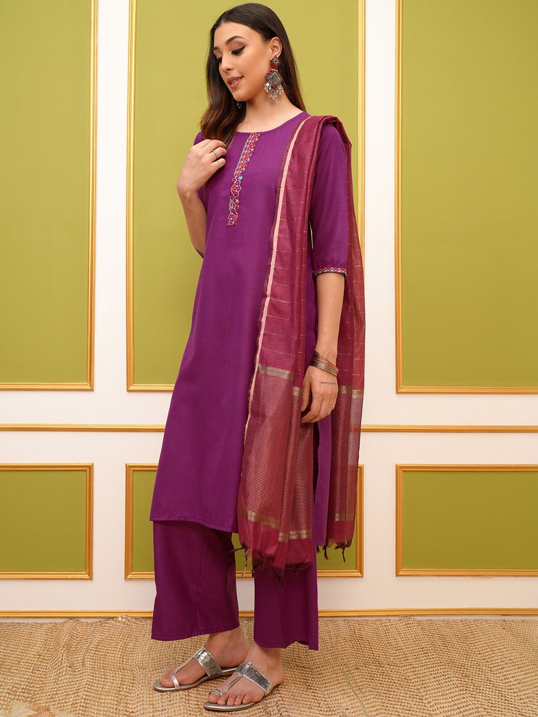Vishudh Magenta Embroidered Kurta & Palazzos With Dupatta - Swadesiicart