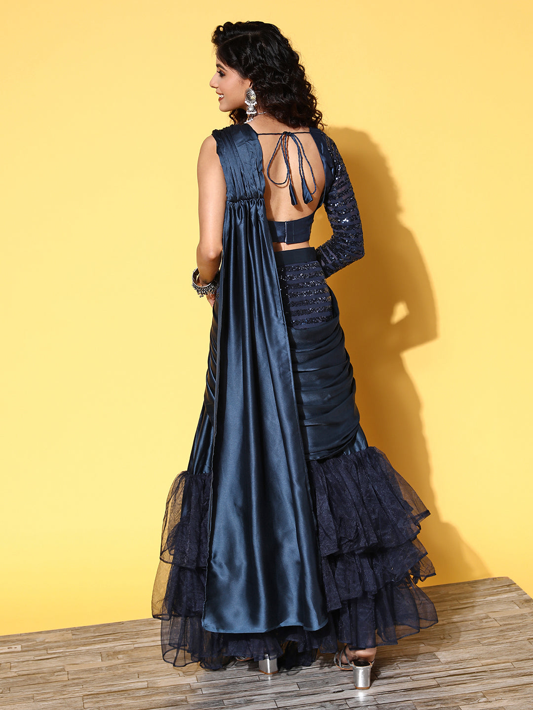 Tikhi Imli Navy Blue Sequinned Ready to Wear Saree | Swadesiicart