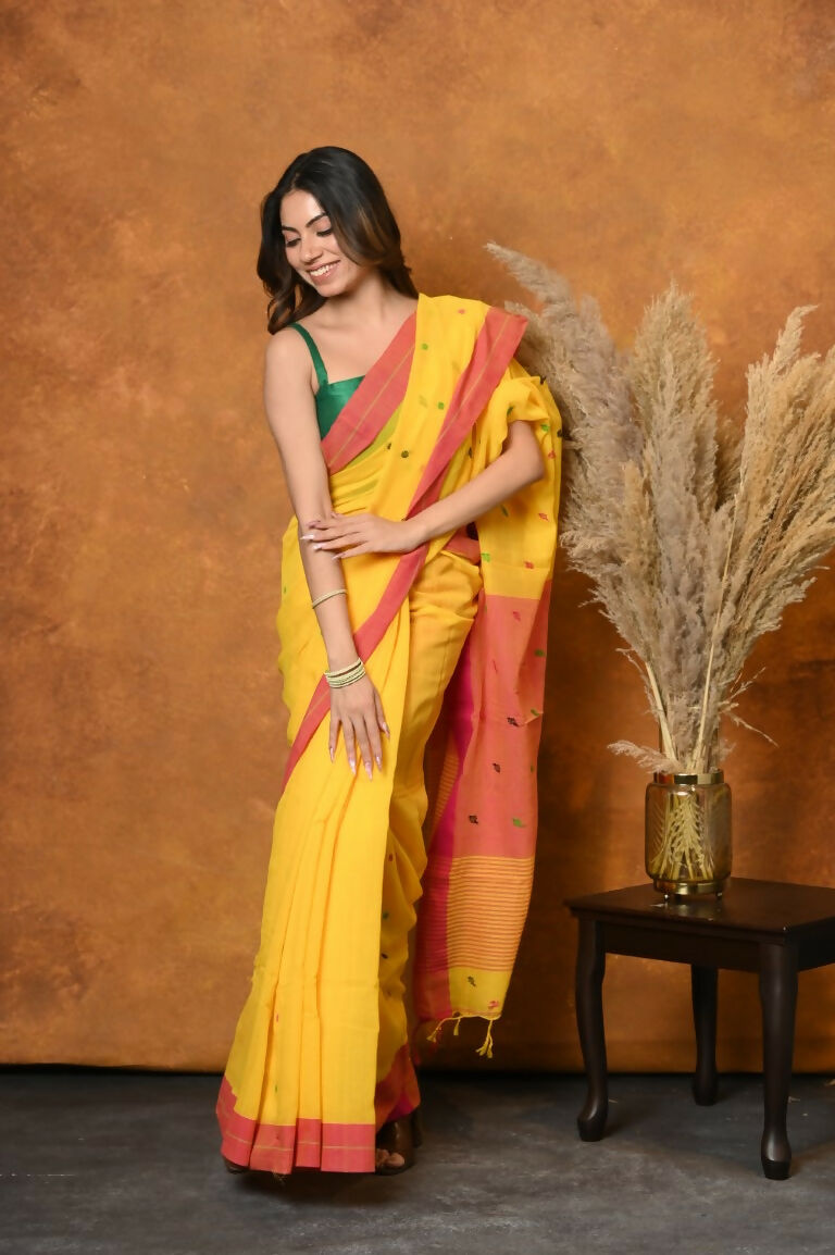 Very Much Indian Handloom Pure Cotton Saree With Sleek Border - Yellow | Swadesiicart