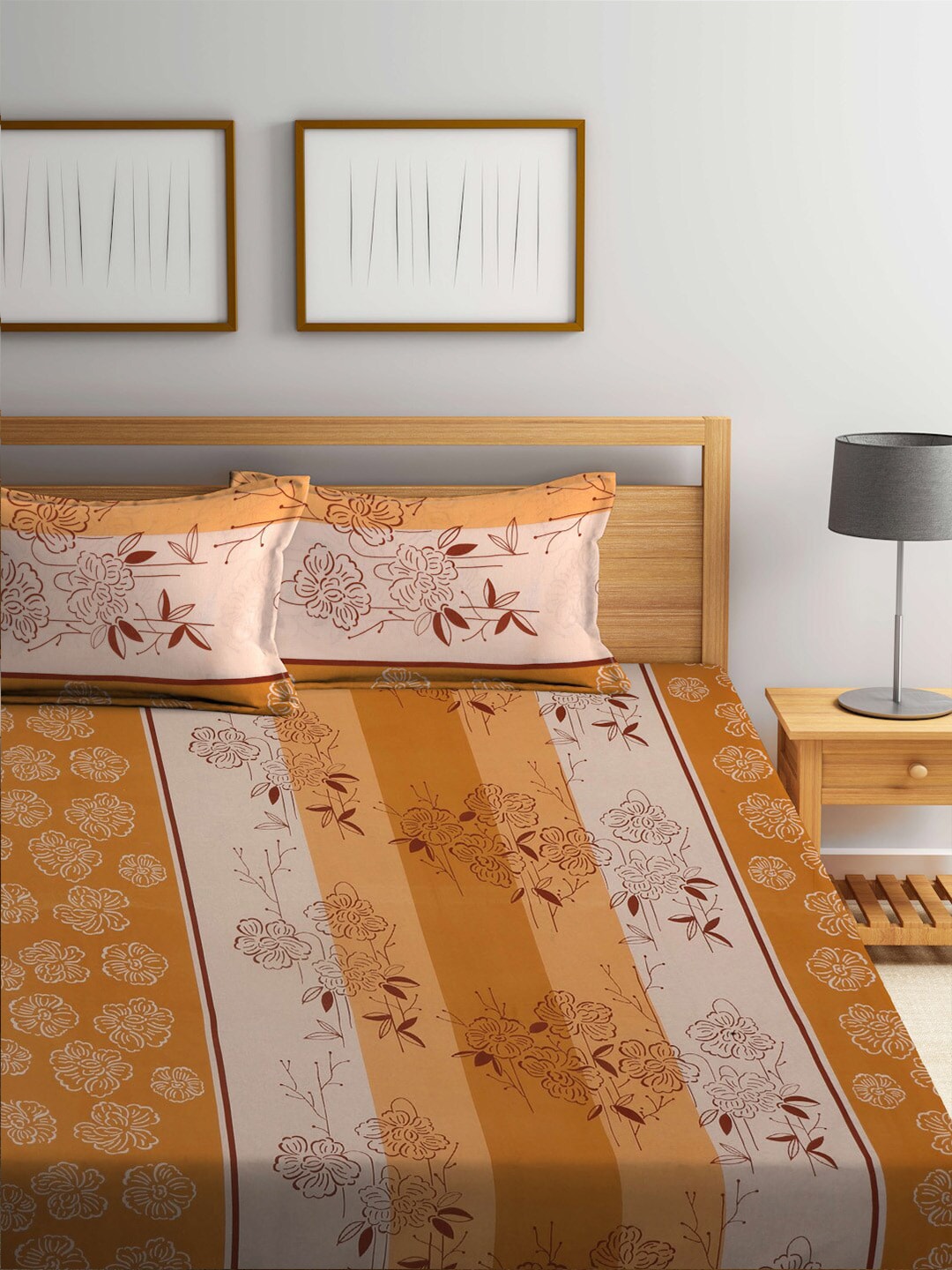 BOMBAY DYEING Beige & Yellow Printed Cotton 104 TC King Bedsheet With 2 Pillow Covers - Swadesiicart