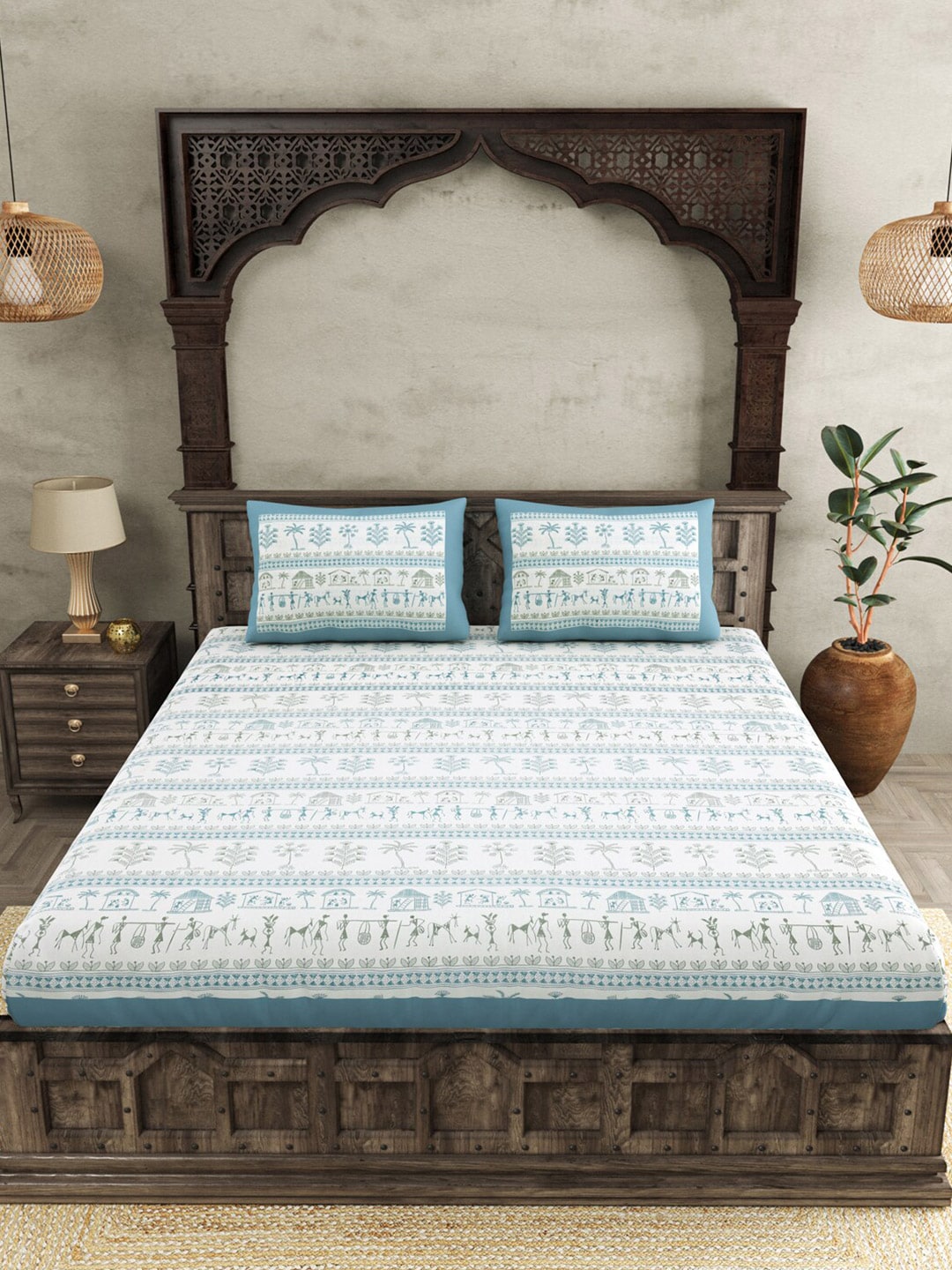 JAIPUR FABRIC Blue Ethnic Motifs Cotton 250 TC Super King Bedsheet With 2 Pillow Covers | Swadesiicart