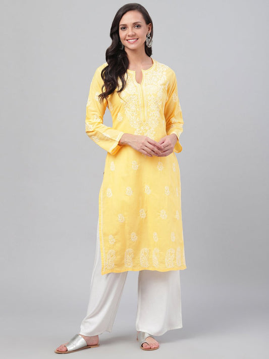 ADA Women Yellow & White Chikankari Hand-Embroidered Straight Kurta | Swadesiicart