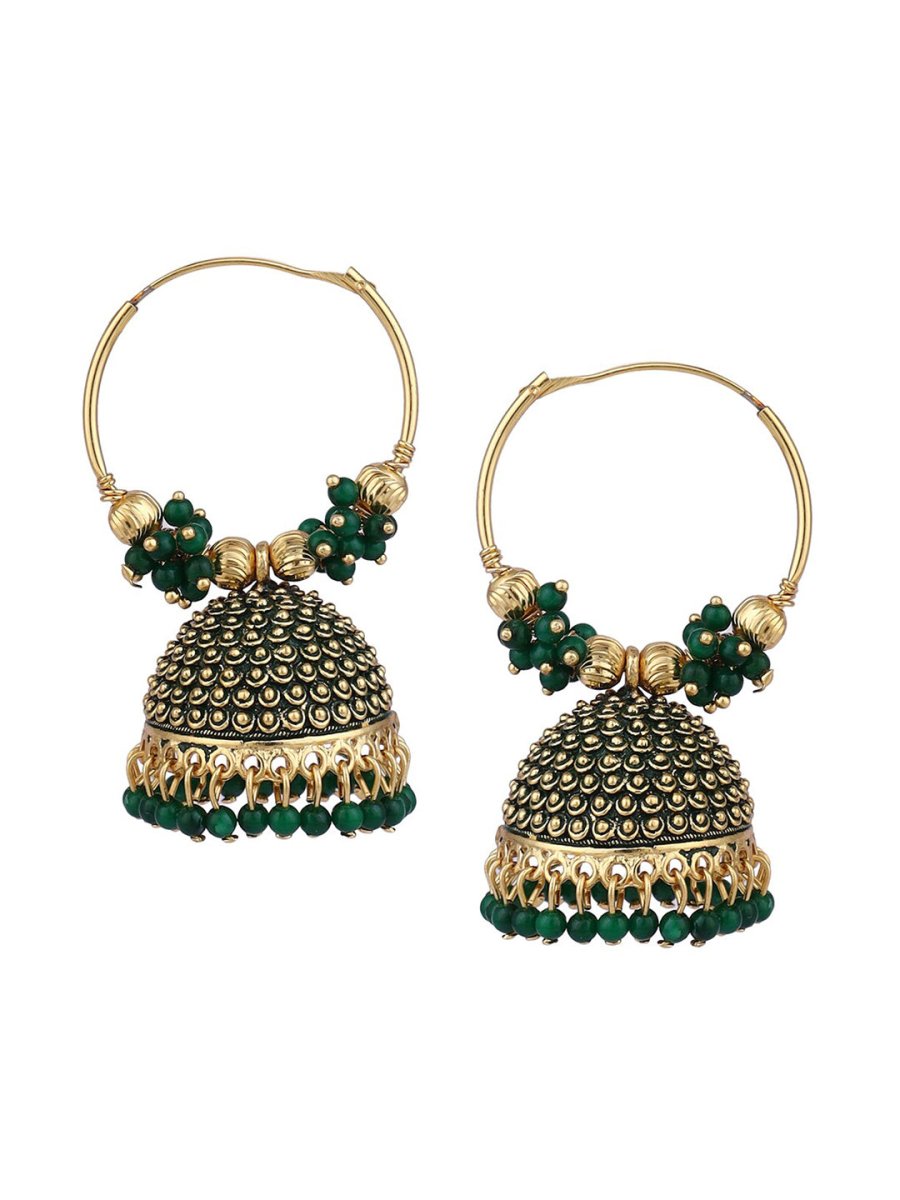 Anikas Creation Green & Gold-Toned Contemporary Jhumkas Earrings | Swadesiicart