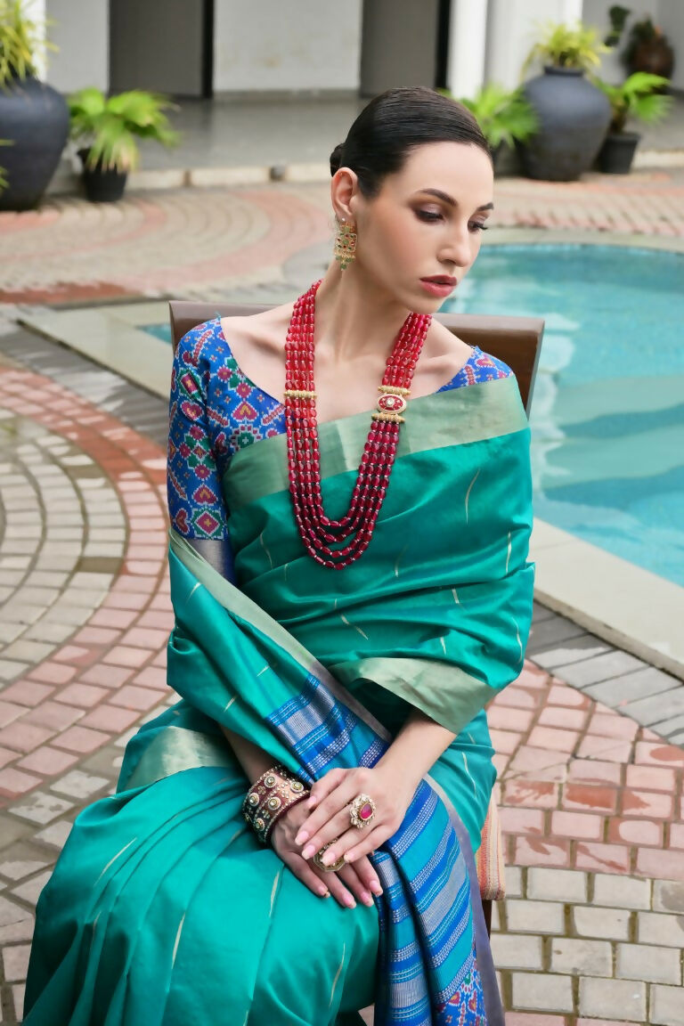 Vishnu Weaves Women's Rama Raw Silk Patola Zari Woven Saree with Blouse - Swadesiicart
