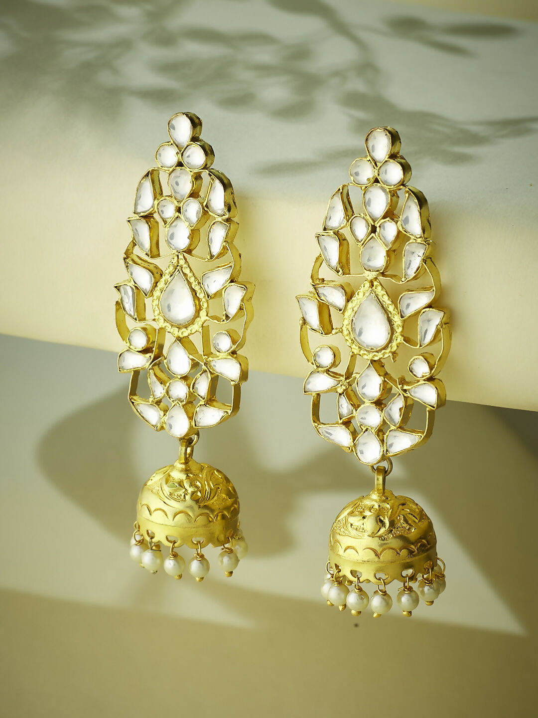 Nuyug 22K Gold-Plated Regal Kundan Stone Studded & Pearl Drop Jhumkas | Swadesiicart
