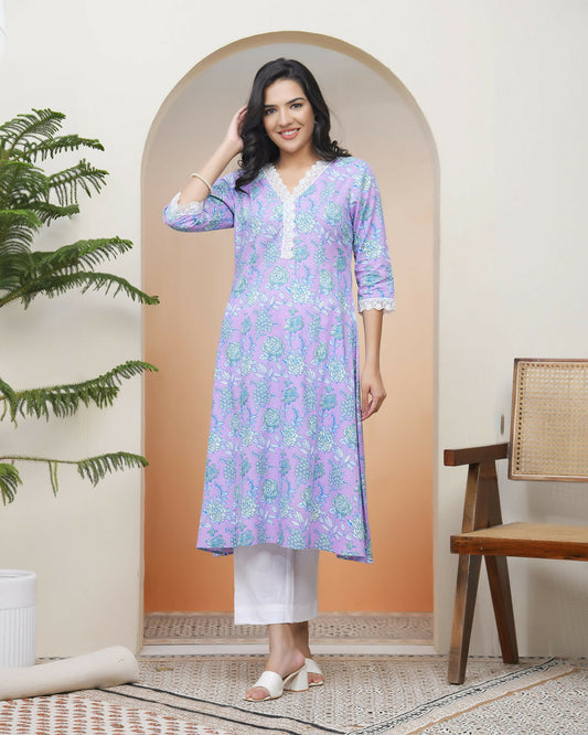Vaasva Women Lavender Floral Cotton Printed Flare Kurti With Pant | Swadesiicart