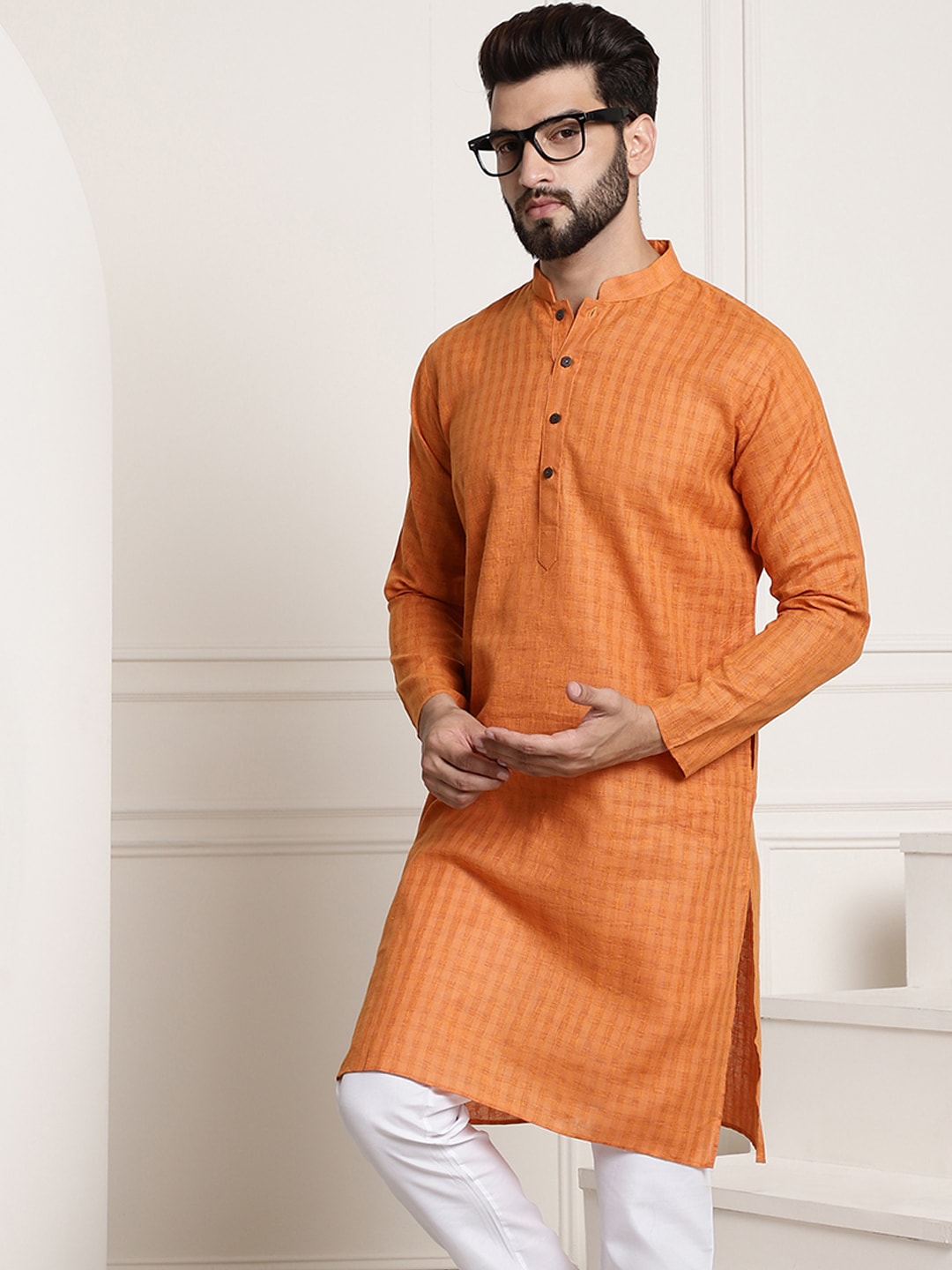 Sojanya Men Orange Dobby Self-Checked Straight Kurta | Swadesiicart
