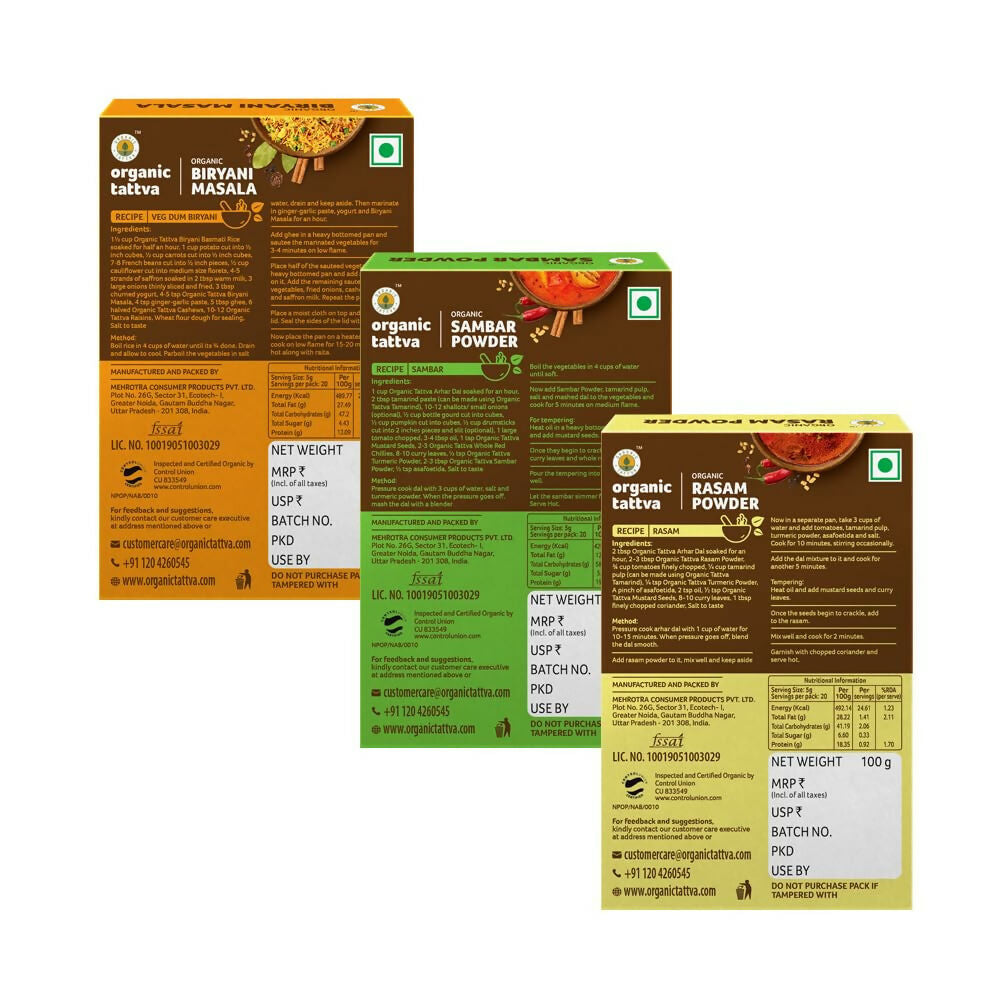 Organic Tattva South-Indian Masala Combo (100 Gm Each)- Sambar Powder, Rasam and Biryani Masala | Swadesiicart