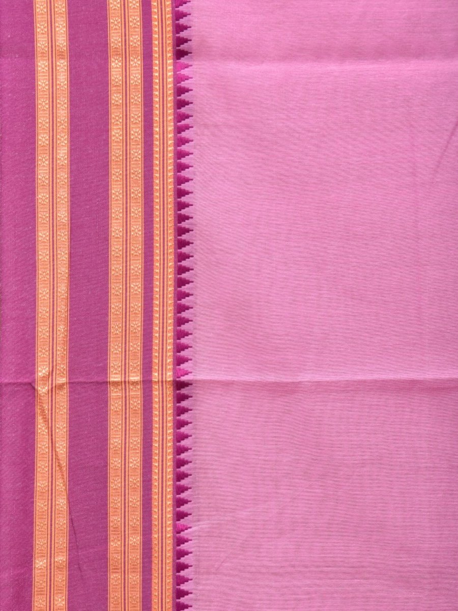 Baby Pink and Pink Bamboo Cotton Plain Saree with Strips Pallu Design No Blouse - Global Threads | Swadesiicart