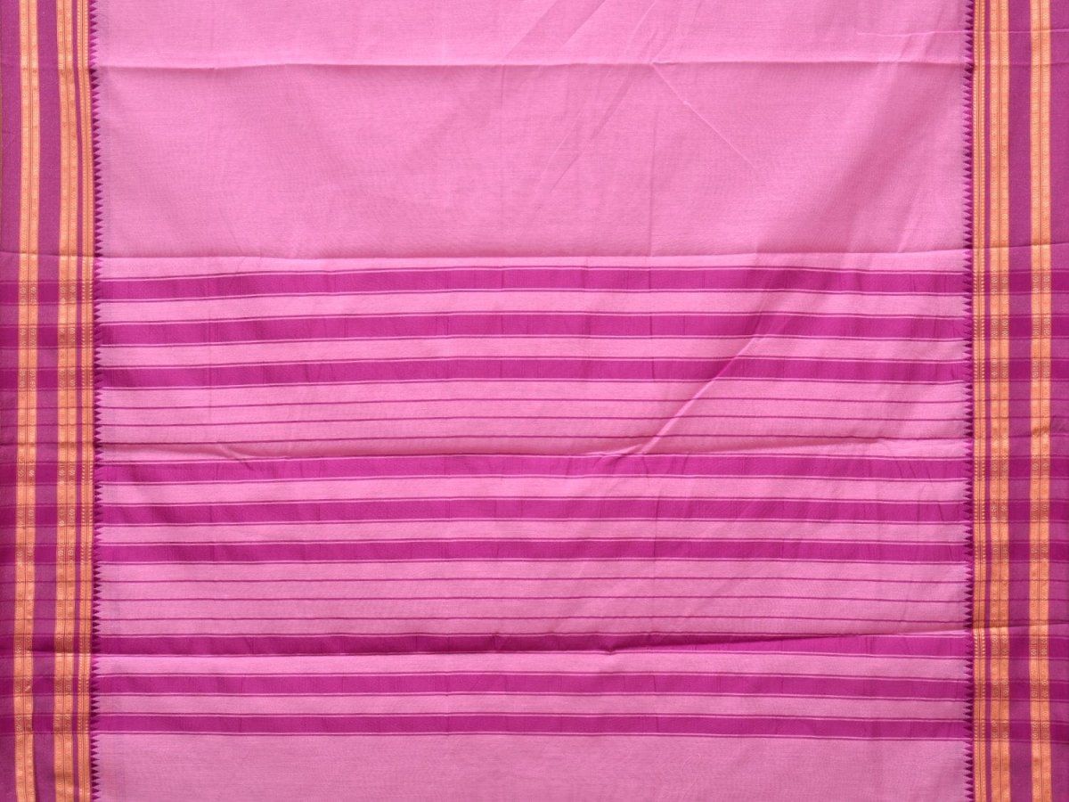 Baby Pink and Pink Bamboo Cotton Plain Saree with Strips Pallu Design No Blouse - Global Threads | Swadesiicart