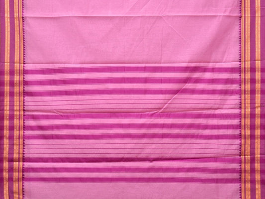 Baby Pink and Pink Bamboo Cotton Plain Saree with Strips Pallu Design No Blouse - Global Threads | Swadesiicart