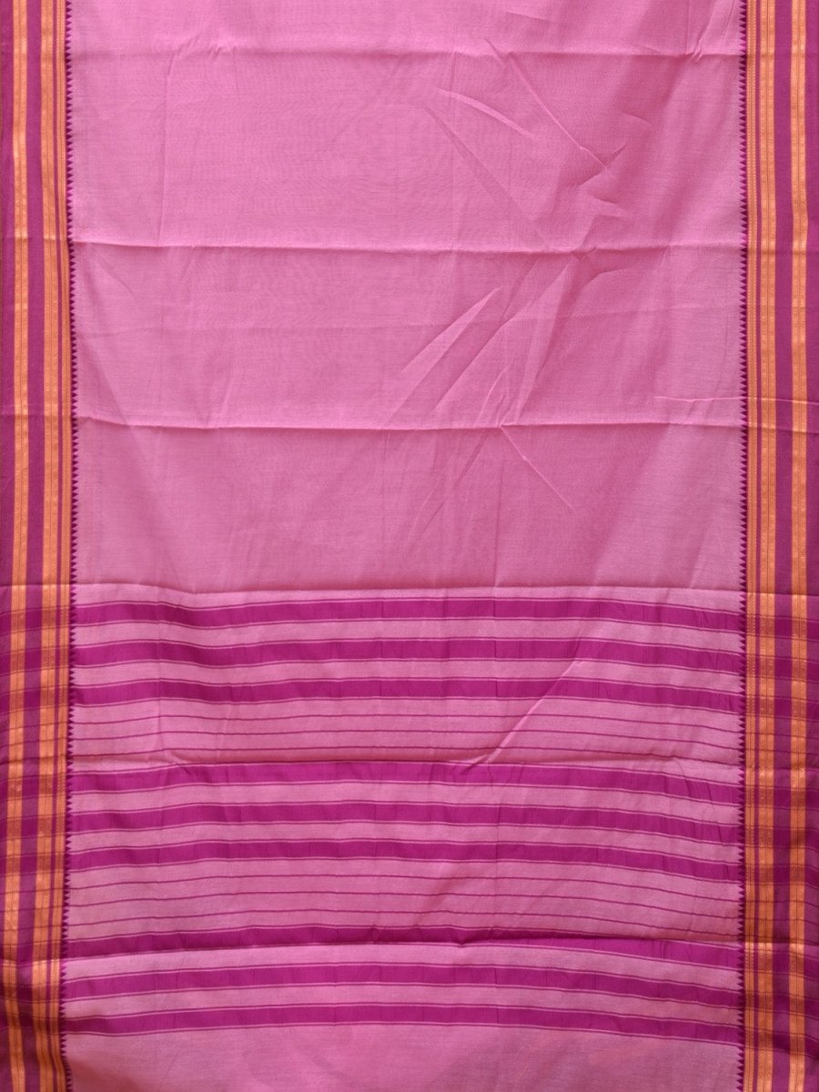 Baby Pink and Pink Bamboo Cotton Plain Saree with Strips Pallu Design No Blouse - Global Threads | Swadesiicart
